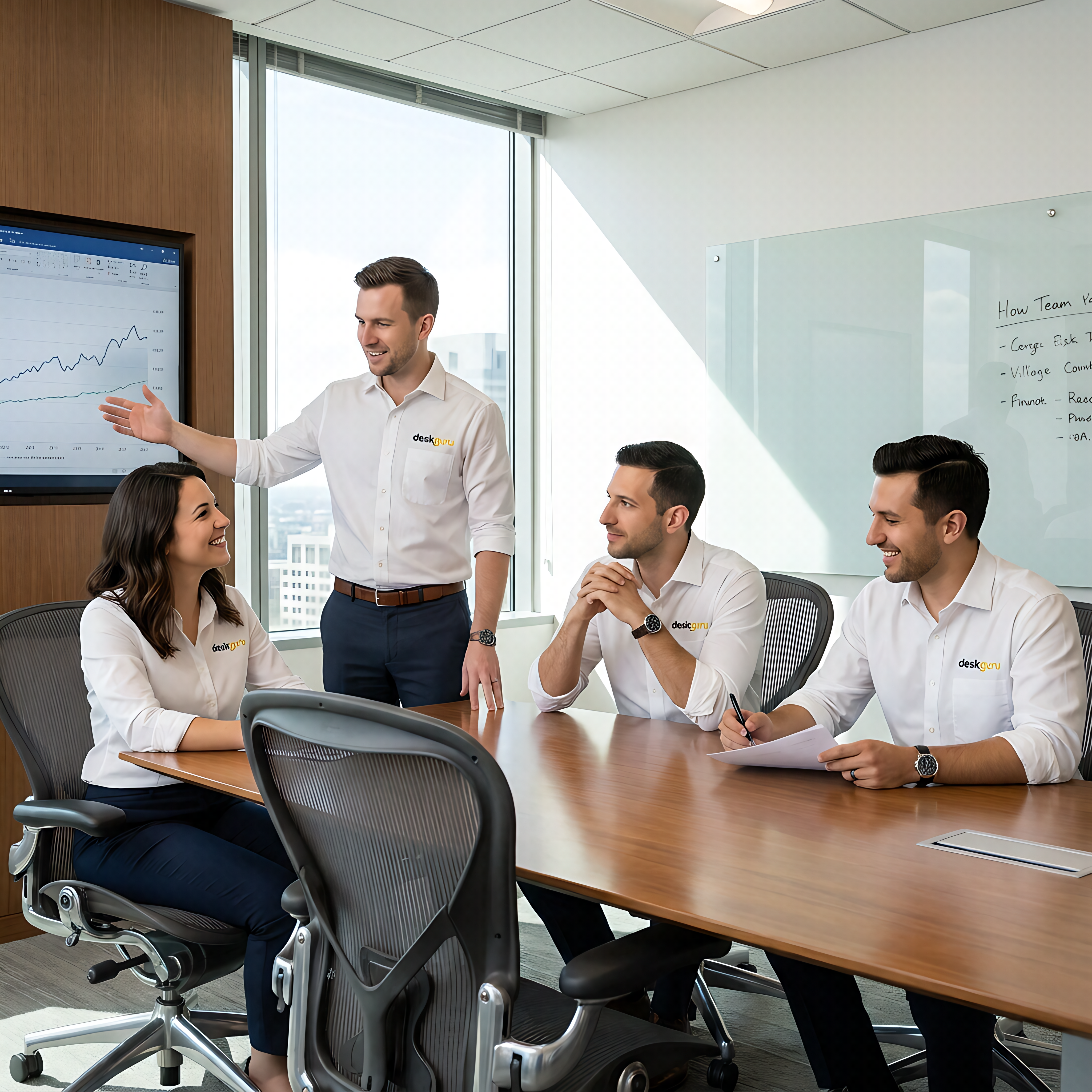 DeskGuru team presenting growth metrics on a screen during a collaborative meeting in a modern conference room