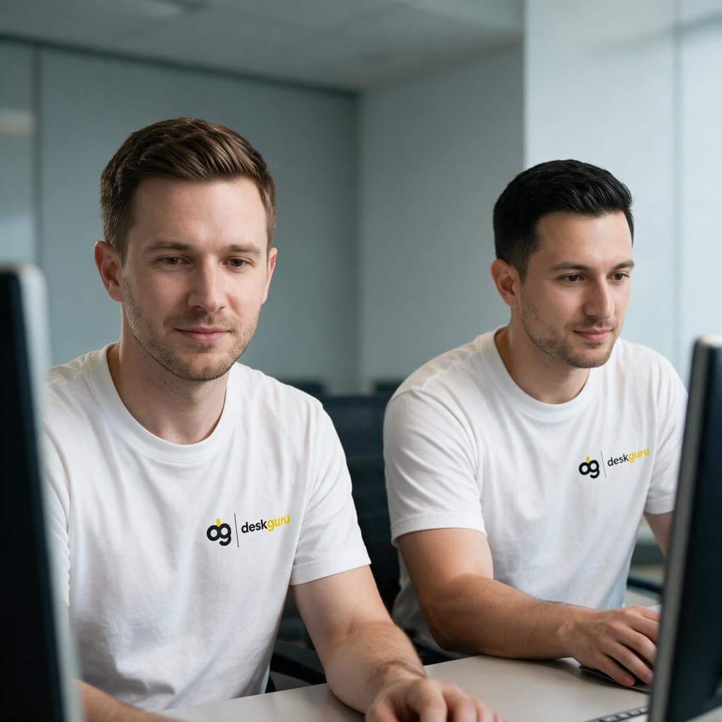 Two DeskGuru team members in branded shirts working side by side at computers in a modern office