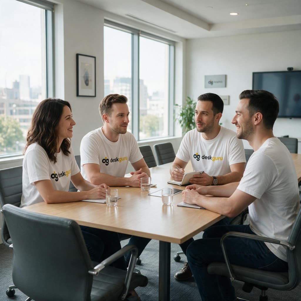 DeskGuru team collaborating around a conference table in a bright modern office