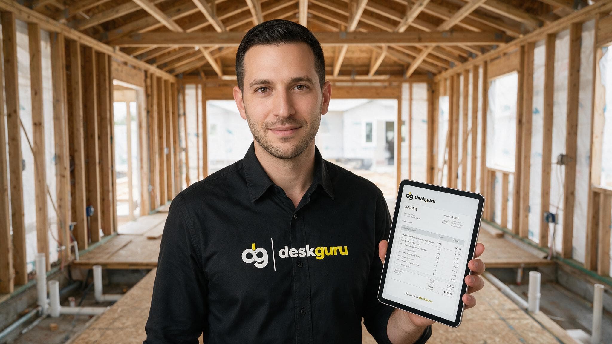A DeskGuru team member holding a tablet showing an invoice inside a home under construction