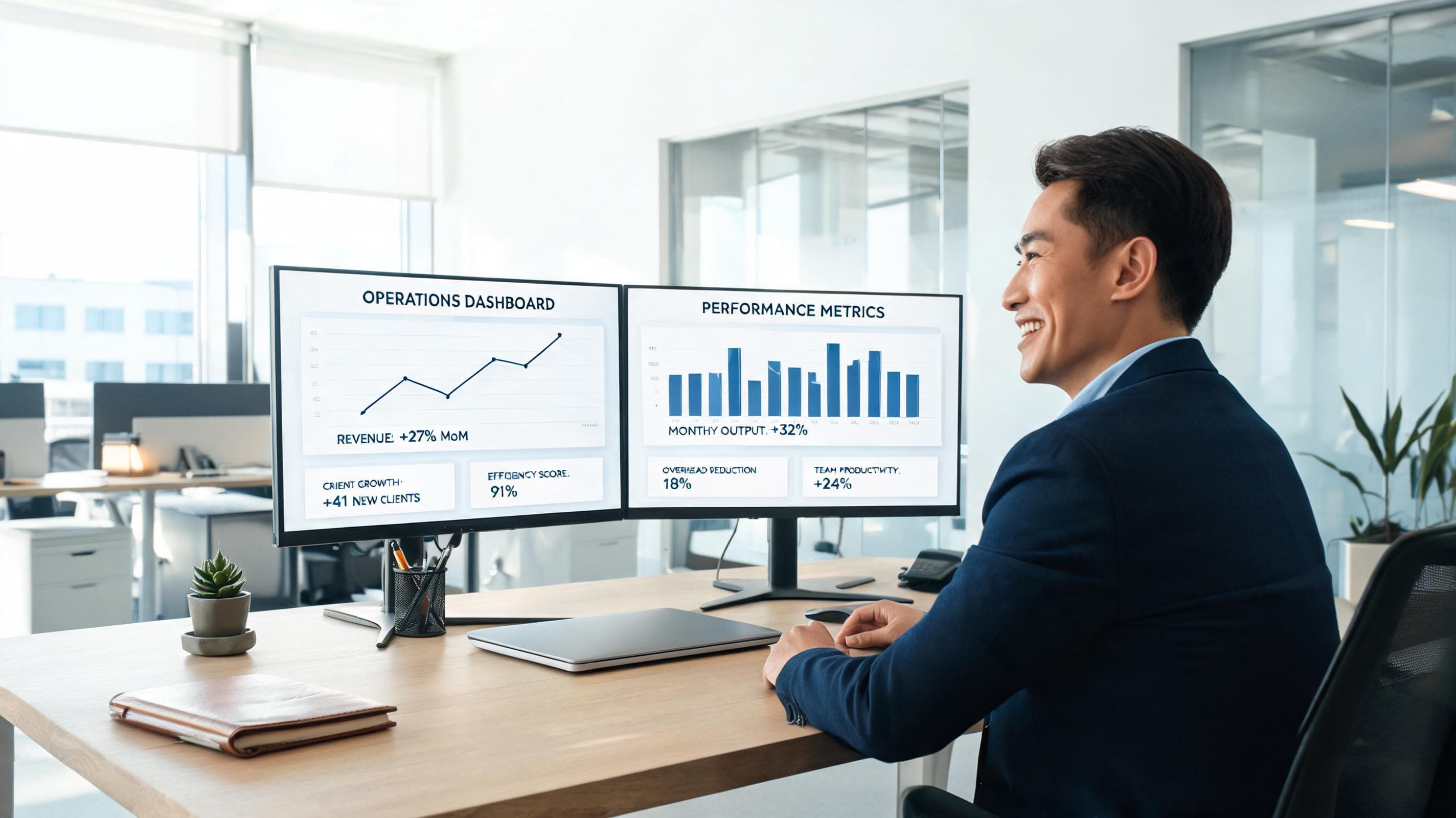 Business owner confident at their desk using DeskGuru dashboard