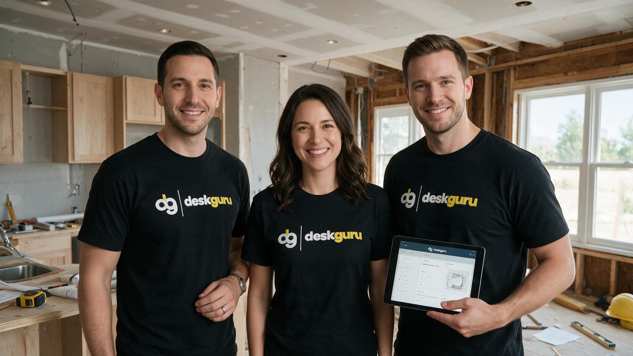 The DeskGuru team in branded shirts on a home renovation job site, holding a tablet showing the app